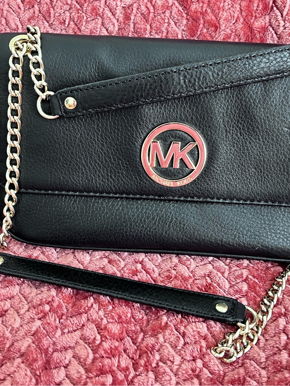 Michael Kors Black Leather Crossbody with Gold MK Logo